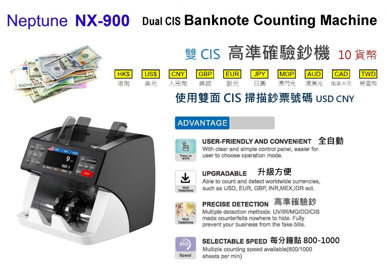 Neptune NX-900 雙CIS 高速點鈔機(10貨幣，全自動功能)